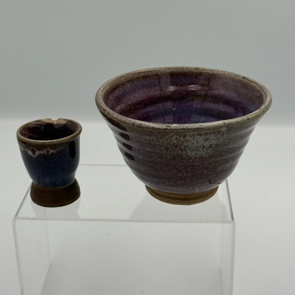 Handmade Studio Pottery Bowl Cup Set Purple Blue Drip Glaze Ceramic Wabi Sabi